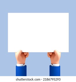 3D cartoon hands holding empty sign board. White empty sheet of paper in hands. Promotion or sale concept. Vector 3d illustration.