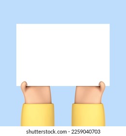 3D cartoon hands holding empty sign board. White empty sheet of paper in hands. Promotion or sale concept. Vector 3d illustration.