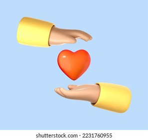 Manos de caricatura 3D sosteniendo el corazón rojo. Concepto de caridad, amor, salud. Las palmas sostienen el símbolo del corazón. Ilustración del vector 3d.
