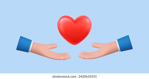 3D cartoon hands holding red heart. Concept of charity, love, healthcare. Palms hold heart symbol.