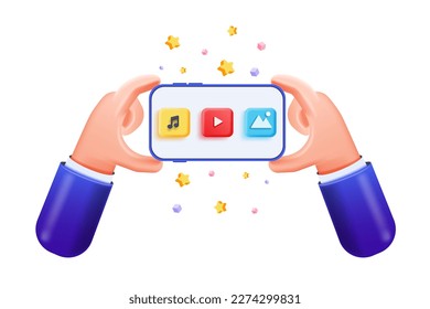 3D Cartoon hands holding smartphone isolated on white background, Hand using mobile phone mockup. 3d Vector illustration