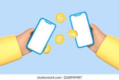 Manos de dibujos animados 3D sosteniendo smartphones con monedas. Transferencia de dinero en smartphones. Concepto de pago en línea. Cartera móvil. Cashback y banca. Ilustración del vector 3d