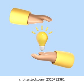 3D cartoon hands with light bulb isolated on blue background. Thinking, good idea and business success creative concept. Vector 3d illustration