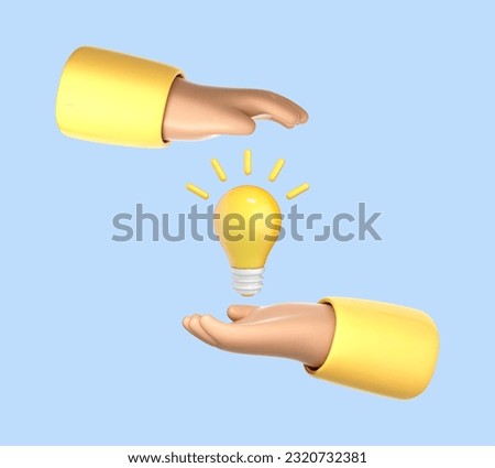 3D cartoon hands with light bulb isolated on blue background. Thinking, good idea and business success creative concept. Vector 3d illustration