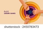3d cartoon hands playing rock paper scissors game vector illustration on colorful circle background. Three dimensional cute arms gesturing design banner template.