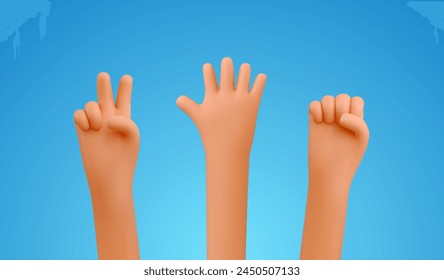 3d cartoon hands playing rock paper scissors game vector illustration. 3d cute arms gesturing design elements on blue background