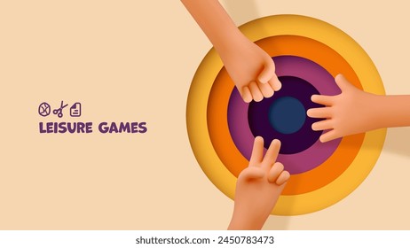 3d cartoon hands playing rock paper scissors game vector illustration on colorful circle background. Three dimensional cute arms gesturing design banner template.