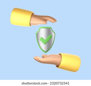 Manos de dibujos animados 3D protegiendo el escudo con el icono de marca de verificación verde. Concepto de garantía de seguridad, seguridad, privacidad, seguro. Ilustración del vector 3d