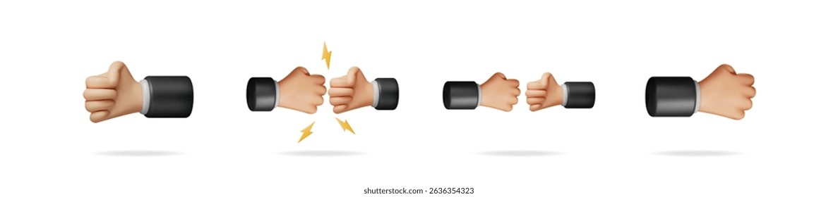 3d cartoon hands show various gestures including thumbs-up, fist bump and fighting fist. Collection of vector isolated hand gestures for business concept.