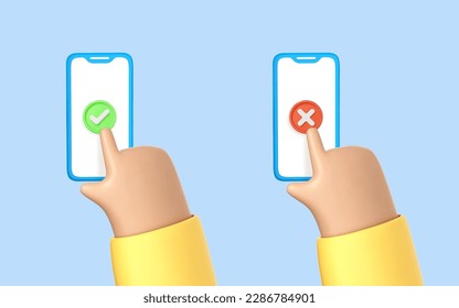 3D cartoon hands use smartphone with checkmarks. Approve and reject on smartphone. Tick and cross check marks. Icons check mark and cross on the smartphone screen. Vector 3d illustration