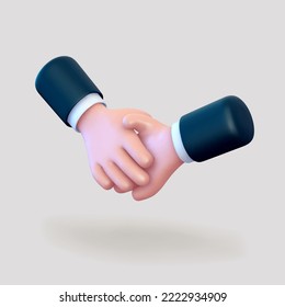 3D Cartoon Handshake Geste. Konzept der Geschäftspartnerschaft, Finanzierungsabkommen und erfolgreiches Teamwork. Emoji Ikone der zitternden Unternehmen bedeutet, Hände in Anzüge auf hellem Hintergrund.Vektorgrafik.