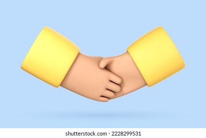 3D cartoon handshake icon on blue background. Business concept of partnership, cooperation, successful deal. Hand shake symbol. Vector 3d Illustration