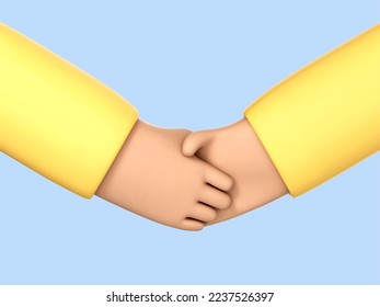 3D cartoon handshake isolated on blue background. Business concept of partnership, cooperation, successful deal. Hand shake symbol. Vector 3d Illustration