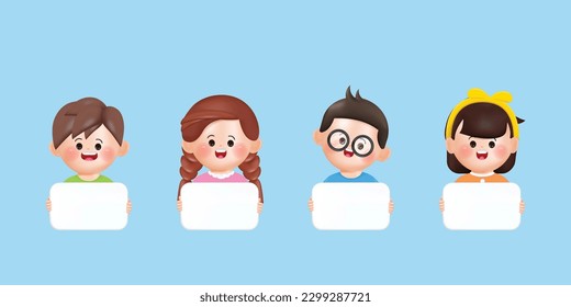 3.ª caricatura de niños felices estudian en el aula. Diseño de caricaturas vectoriales 3d. Niños y niñas sosteniendo pancartas.