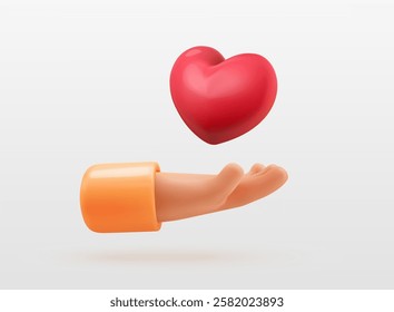 3d cartoon heart in hand, symbol of love, care, and generosity. Valentines Day, charity, volunteer campaigns, social awareness, and emotional connection vector illustration. Isolated design elements