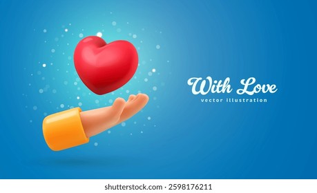 3d cartoon heart in hand, symbol of love, care, and generosity. Valentines Day, charity, volunteer campaigns, social awareness, and emotional connection vector illustration on blue background.