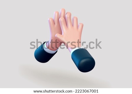 3D cartoon high five gesture. Concept of business success, friendship and teamwork. Emoji icon of clapping business mans hands in suits on light background. Vector illustration.