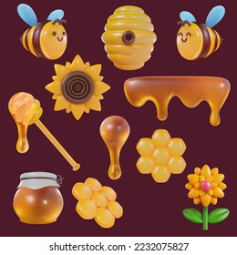 3d cartoon honey liquid, bee, hive, flower, honeycomb in vector realistic funny style. Collection modern plasticine or glossy clay design object. Sweet colorful illustration on minimal background.