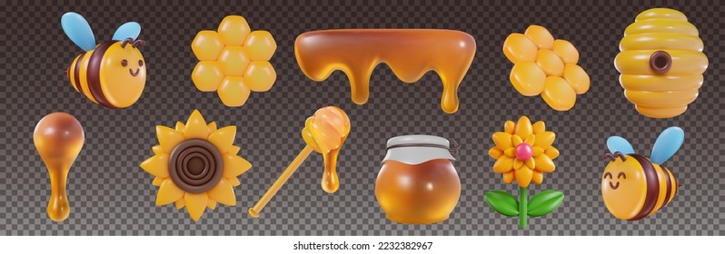 3d cartoon honey liquid, bee, hive, flower, honeycomb in vector realistic funny style. Collection modern plasticine or glossy clay design object. Sweet colorful illustration on transparent background. svg