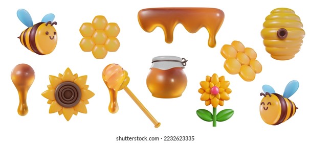 3d cartoon honey liquid, bee, hive, flower, honeycomb in vector realistic funny style. Collection modern plasticine or glossy clay design object. Sweet colorful illustration on white background. svg