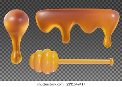 3d cartoon honey liquid and yellow stick in vector realistic funny style. Set cute art element. Trendy plasticine or glossy clay design object. Sweet colorful illustration on transparent background.