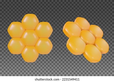 3d cartoon honeycomb in vector realistic funny style. Set cute art element. Modern plasticine or glossy clay design object. Sweet colorful illustration on transparent background.