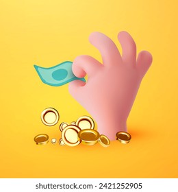 3D cartoon human hand catches dollar bill with gold coins around. Concept of financial operation. Money investment and business commerce