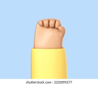 3D cartoon human hand fist isolated on blue background. Symbol of fight or protest, revolution, unity. Vector 3d Illustration