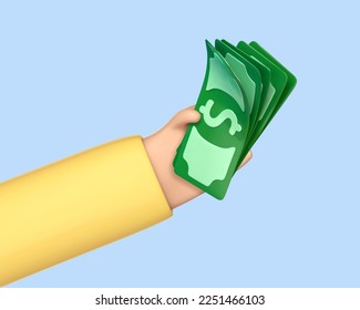 3D cartoon human hand giving money. Pay for something. Hand holds dollar banknotes. Money investments. Giving money.
