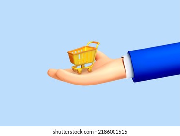 3D cartoon human hand holding shopping cart isolated on blue background. Vector 3d illustration
