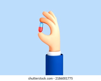 3D Cartoon human hand holding medicine capsule. Medical healthcare concept. Vector 3d illustration.