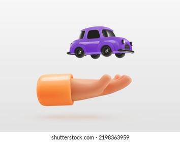 3d cartoon human hand holding toy car vector illustration. Little auto in arm on white background design element