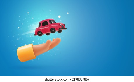 3d caricatura mano humana sosteniendo una ilustración del vector de un auto rojo. Alquiler, vender coches o compartir carteles web plantilla fondo azul