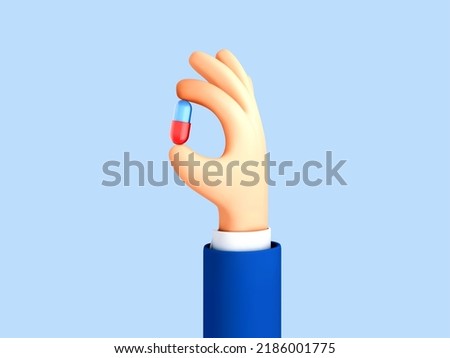 3D Cartoon human hand holding medicine capsule. Medical healthcare concept. Vector 3d illustration.