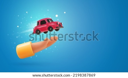 3d cartoon human hand holding a red car vector illustration. Rent, sell cars or carsharing web banner template blue background