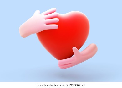 3D Cartoon Human Hands Holding Red Heart On Blue Background. Abstract Concept Of Wedding, Friendship And Family. Two Cartoon Style Funny Open Woman Palms Hugging Heart. Vector Illustration.