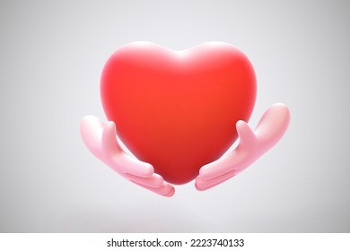 3D cartoon human hands holding red heart on grey background. Abstract concept of hope, love, charity and medicine. Two cartoon style funny open man palms showing heart. Vector illustration.