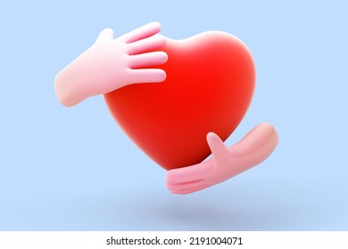 3D cartoon human hands hugging red heart on blue background. Abstract concept of wedding, friendship and family. Two cartoon style funny open woman palms hugging heart. Vector illustration.