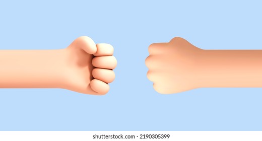 3D cartoon human hands making fist bump isolated on blue background. Vector 3d illustration
