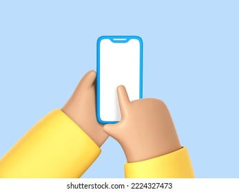 3D cartoon human hands with smartphone with blank screen isolated on blue background. Finger touch empty display of smartphone. Vector 3d Illustration