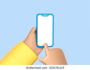 3D cartoon human hands with smartphone with blank screen isolated on blue background. Finger touch empty display of smartphone. Vector 3d Illustration