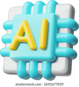 3D cartoon icon of an artificial intelligence chip, blue and yellow. Digital data, technology. Cloud data flow. Programming, automation. Vector illustration. Isolated background. Render.