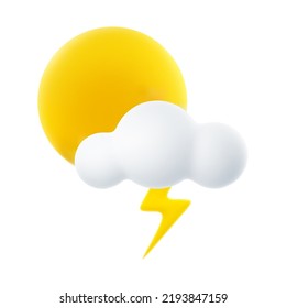 3D Cartoon Icon of Cloudy Weather with Thunderstorm. Sign of Cloud, Sun, and Lightning Isolated on White Background. Vector Illustration of 3d Render.