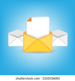 Diseño de elementos de iconos de dibujos animados 3D. El correo electrónico abierto contiene una carta en color amarillo y blanco. Ilustración del vector