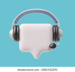 3D cartoon icon featuring headphone and speech bubble, ideal for call center and customer support visual. Includes chatbot, hotline design elements.