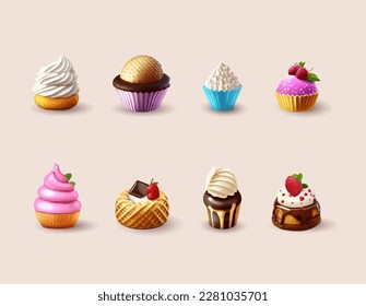 Iconos de dibujos animados 3d de productos de pastelería, pasteles en tazas de gofre, frutas y pasteles de chocolate. Ilustración del vector