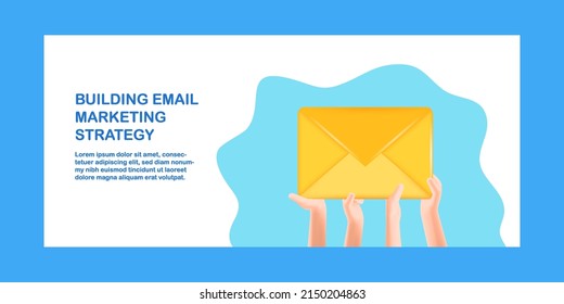 3D cartoon illustration. Building creating effective email marketing strategy. Hand holding mail envelope together, teamwork. Vector design