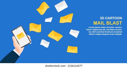 3D cartoon illustration. Businessman hand holding smart phone, sending mail blast, email marketing with yellow white envelope. Vector design