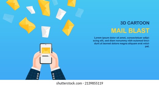 3D Cartoon Illustration. Businessman Hand Holding Smart Phone, Sending Mail Blast, Email Marketing With Yellow White Envelope. Vector Design