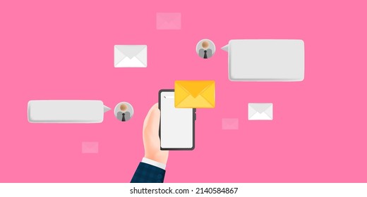 3D cartoon illustration. Businessman hand holding smart phone, opening messenger app doing chat communication, with mail email envelope. Vector design